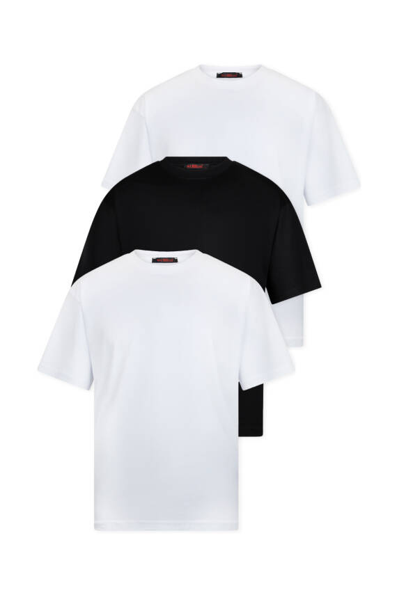 3lü Oversize Massimo Kalın Tok Basic T-Shirt - Beyaz - Lacivert - Gri - 5