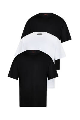 3lü Oversize Massimo Kalın Tok Basic T-Shirt - Beyaz - Lacivert - Gri - 3