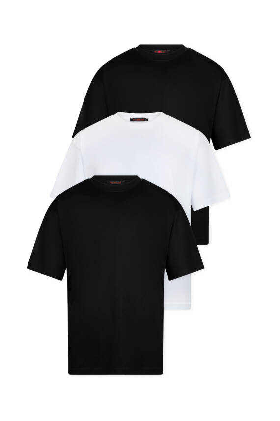 3lü Oversize Massimo Kalın Tok Basic T-Shirt - Beyaz - Lacivert - Gri - 3