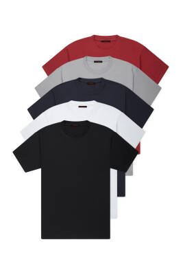 5li Slim Basic T-Shirt - Beyaz - Beyaz - Siyah - Siyah - Gri - 1
